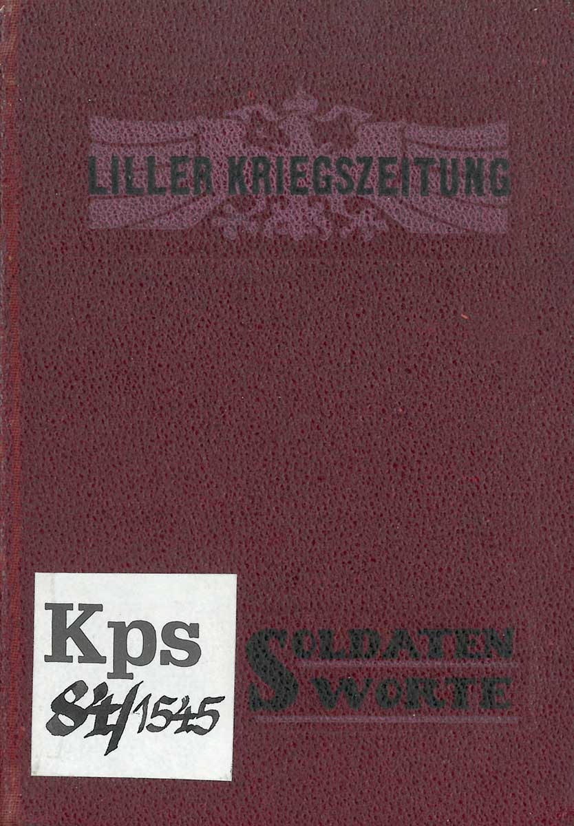 Zu sehen ist der dunkelrote Einband eines Kalenders, herausgegeben von der Liller Kriegszeitung. 