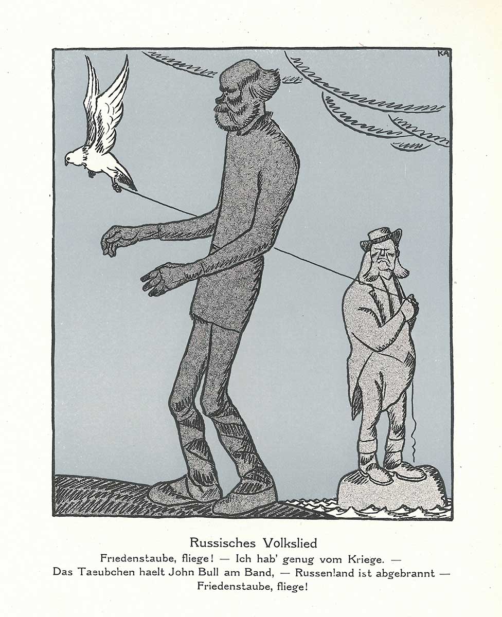 Karikatur zu einem Gedicht in der Lillers-Zeitung. Zu sehen ist ein Mann, der eine Friedenstaube mit einem Seil fest hebt.