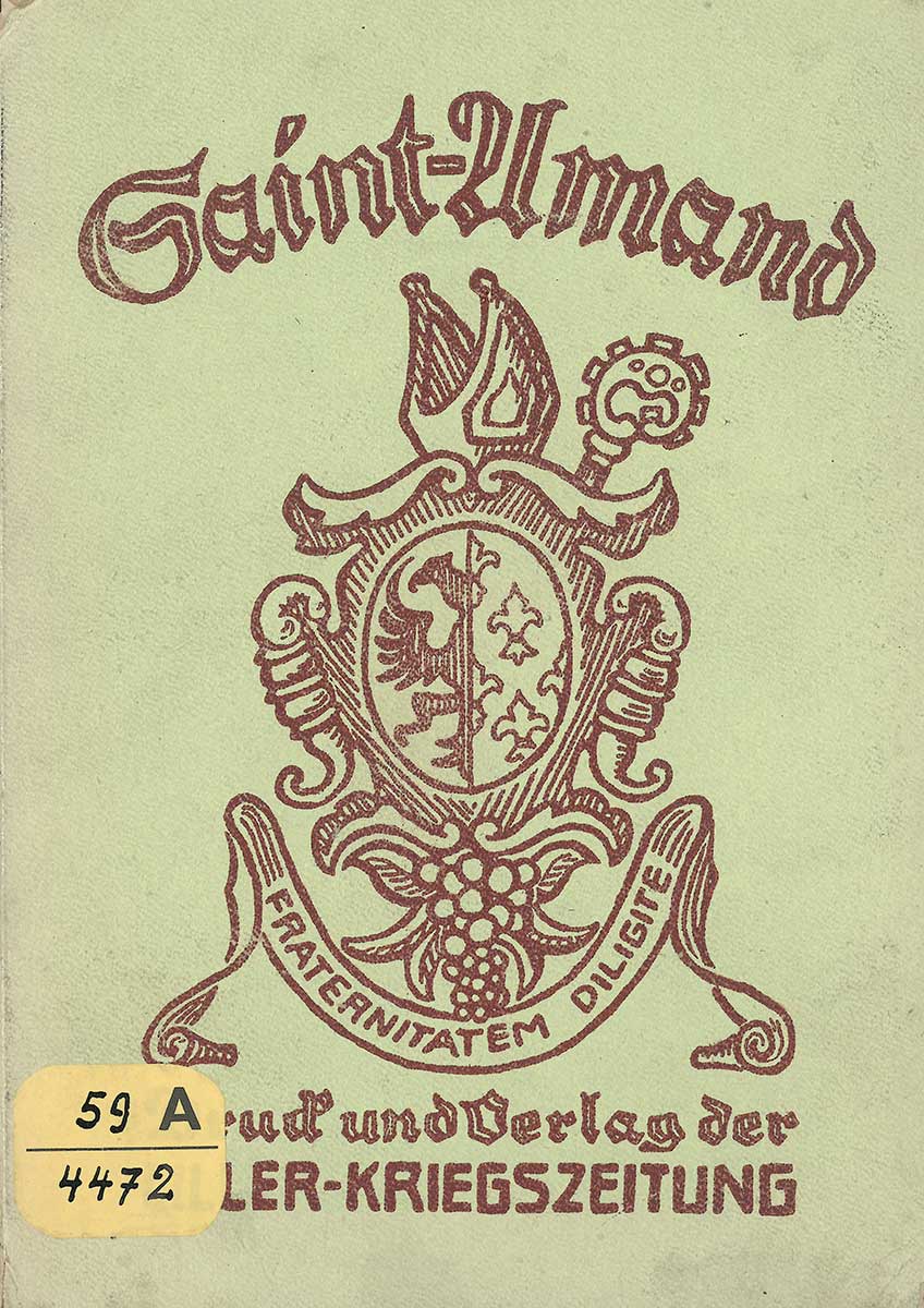 Einband des Stadtführers für Saint-Amand-les-Eaux von der Liller-Kriegszeitung. Auf grünem Hintergrund ist ein Wappen abgebildet. 