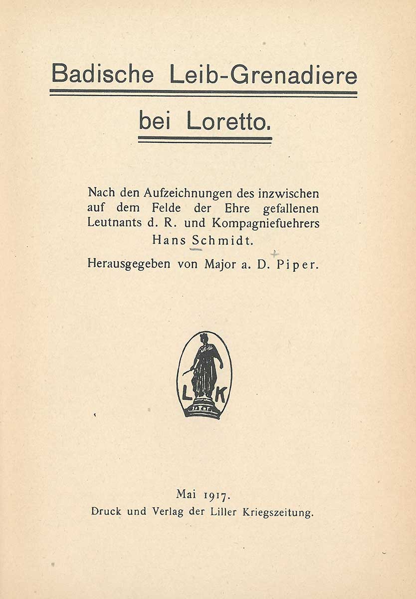 Titelseite des Werkes „Badische Leib-Grenadiere bei Loretto“.