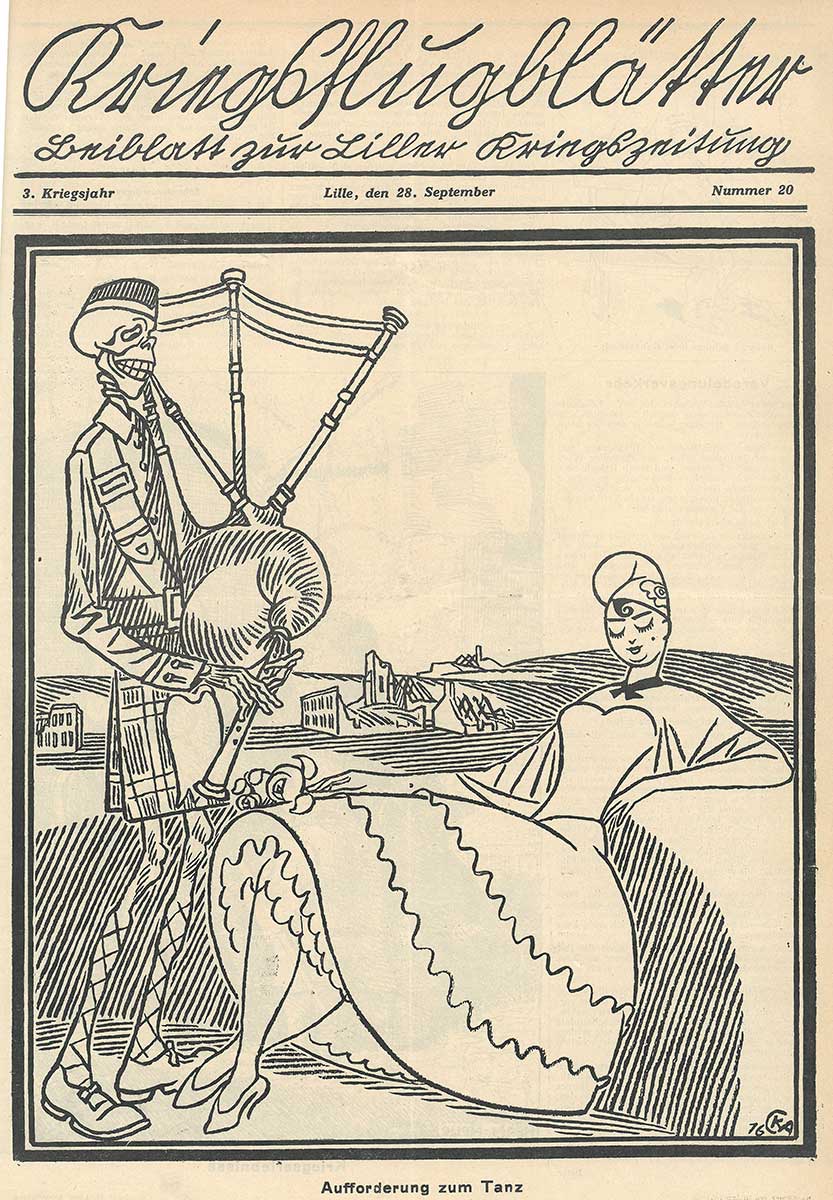 Ausgabe der Liller-Zeitung vom 28. September. Zu sehen ist eine Zeichnung, die Frankreich und Schottland personifiziert. Frankreich ist eine junge, schöne Dame. Schottland ein Skelett in traditioneller Fracht, einem Kilt, das Dudelsack spielt.