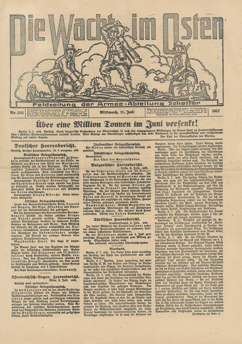 Titelseite der Zeitung „Die Wacht im Osten“ vom 11. Juli 1917. In der Kopfzeile ist eine Illustration, die drei kampfbereite Soldaten zeigt.