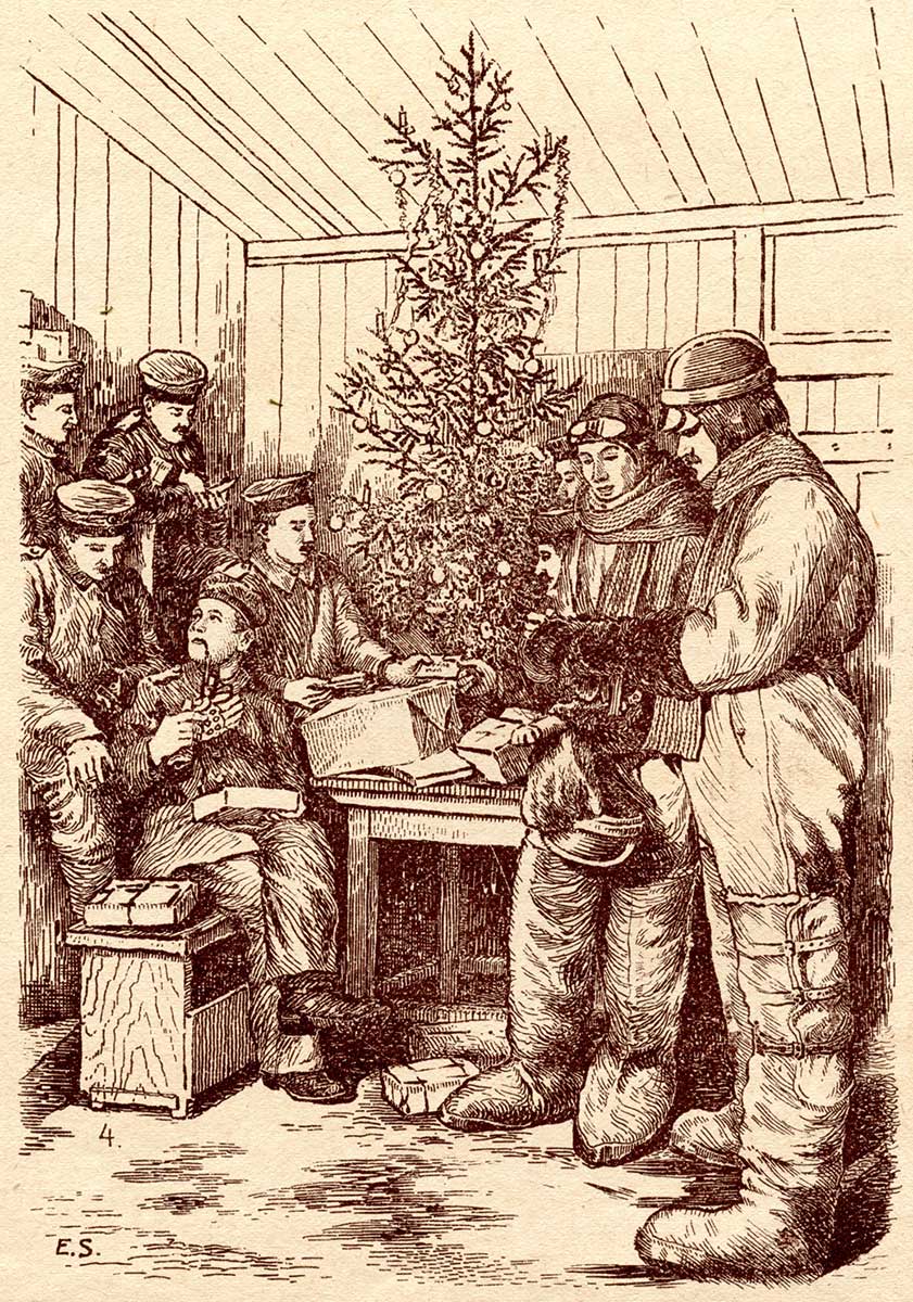 Zu sehen ist eine Illustration, die Soldaten während der Weihnachtszeit zeigen. Hier steht eine Gruppe zusammen um eine geschmückte Tanne und öffnen Pakete. 