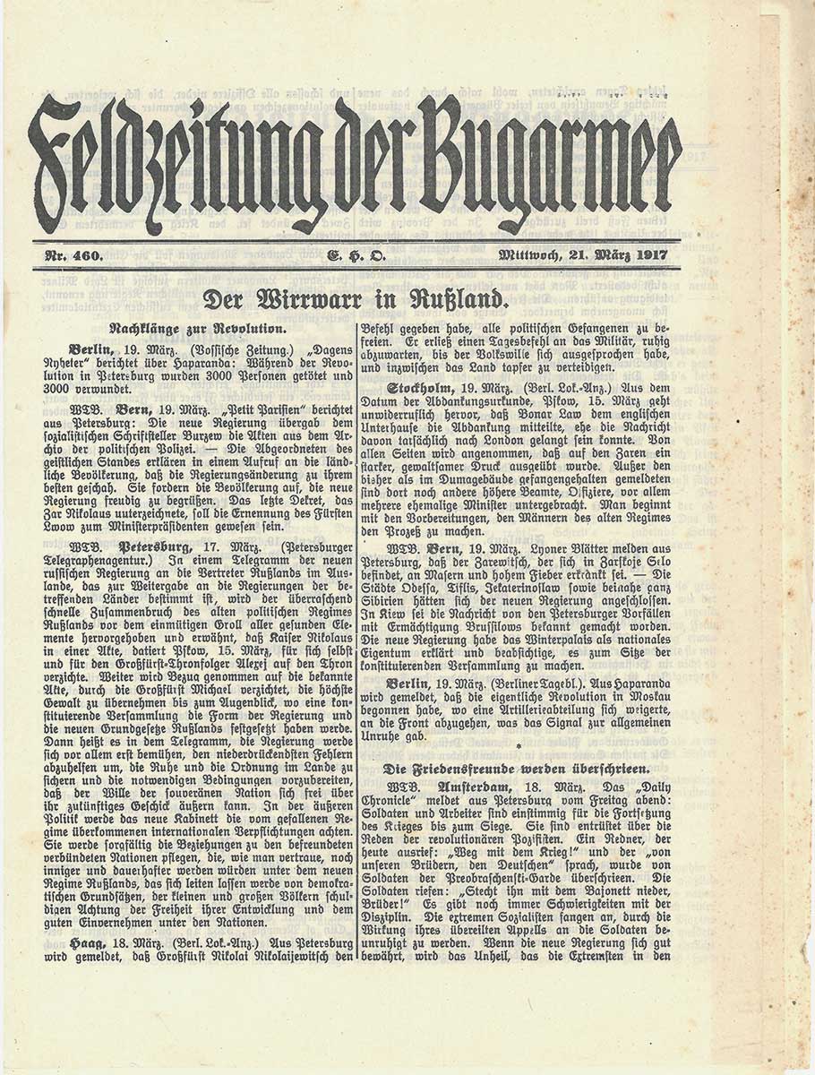 Zu sehen ist eine Zeitungsseite vom 21. März 1917.