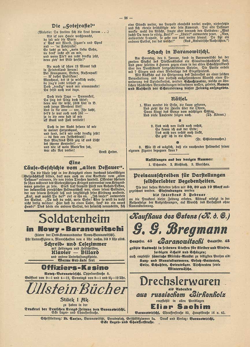 Zu sehen ist eine Zeitungsseite, auf der Gedichte, Rätsel, sowie Werbeanzeigen gedruckt sind.