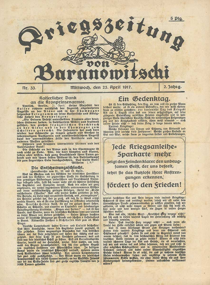 Zu sehen ist eine Zeitungsseite vom 25. April 1917. Auf der Seite ist auch eine Anzeige, die damit werbt, dass jede Kriegsanleihe eine Sparkarte mehr bringt.