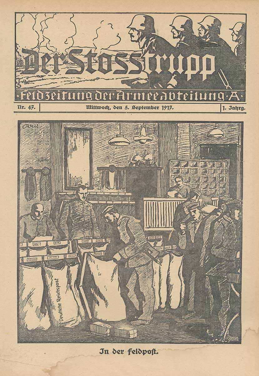 Titelseite der Zeitung „Der Stosstrupp“ vom 5. September 1917. Zu sehen ist eine Illustration, die Soldaten beim Sortieren der Feldpost zeigt.