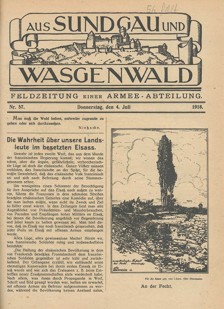 Titelseite der Zeitung „Aus Sundgau und Wasgenwald“ vom 4. Juli 1918.