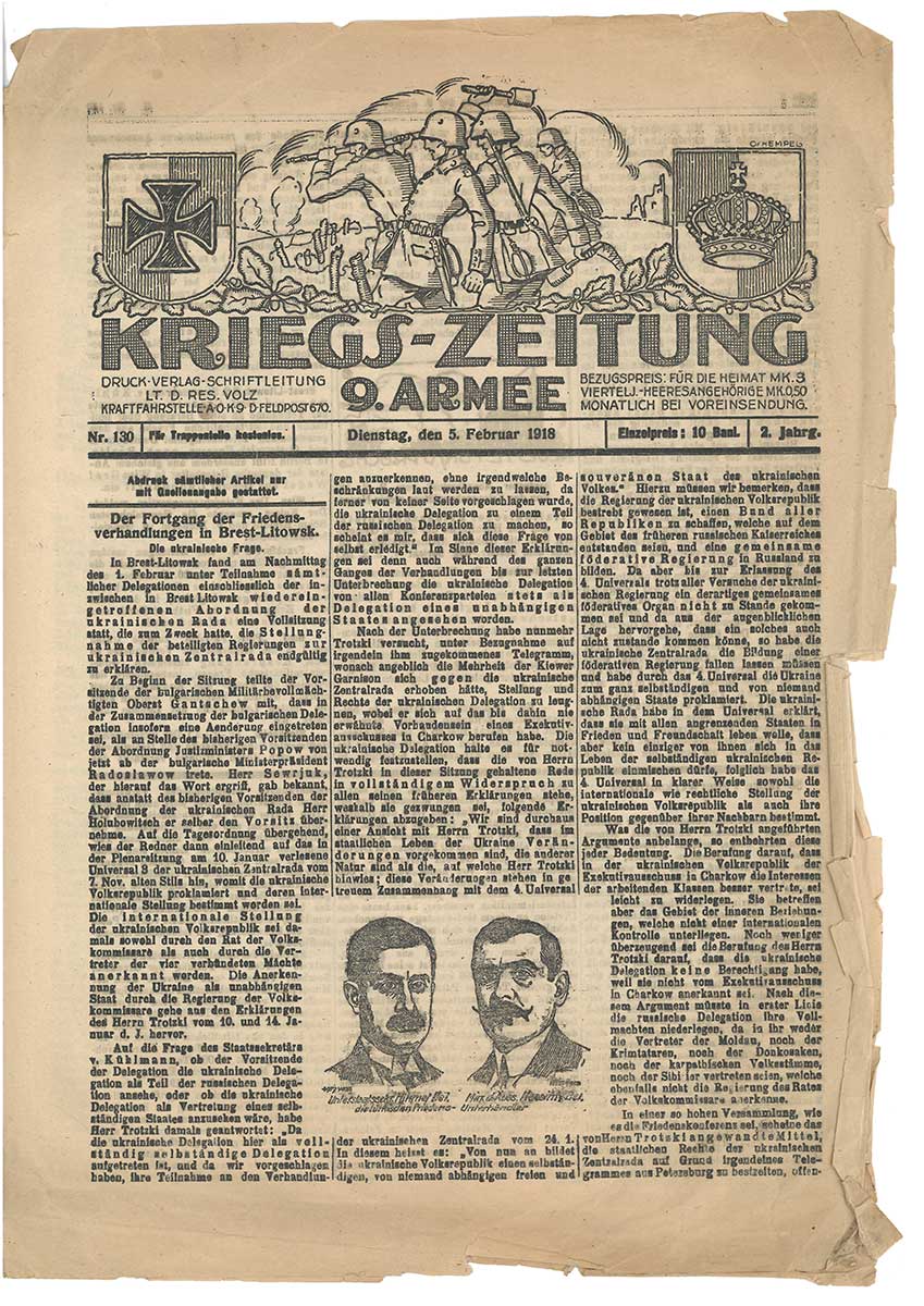 Zu sehen ist die Titelseite der Kriegs-Zeitung der 9. Armee vom 5. Februar 1918. In der Kopfzeile ist eine Illustration von arbeitenden Soldaten zu sehen.