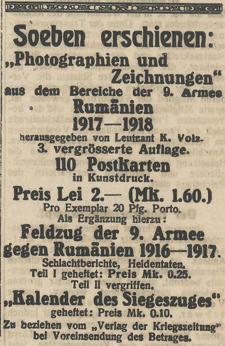 Annonce des Postkarten-Bandes in der Kriegs-zeitung der 9. Armee vom 31.5.1918.