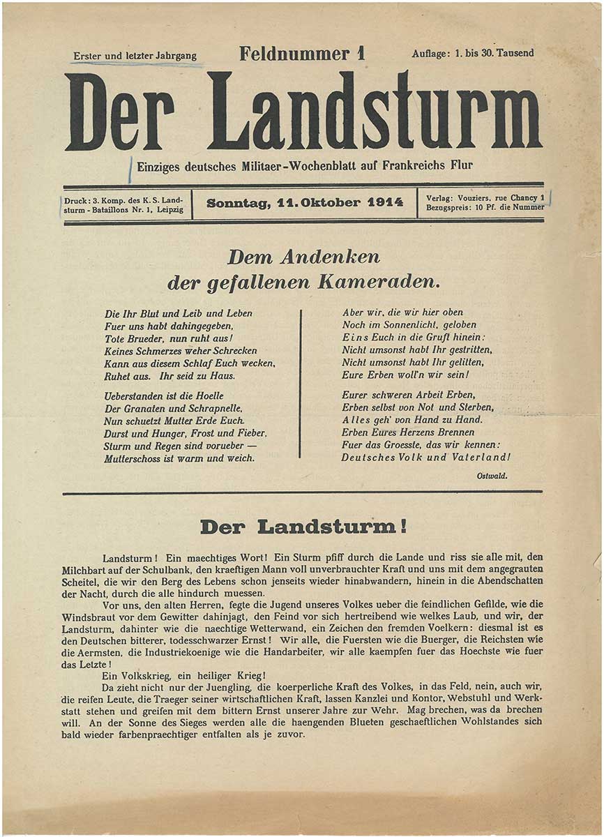 Zu sehen ist die Titelseite der Zeitung „Der Landsturm“ vom 11. Oktober 1914. Auf der Seite sind Gedichte gedruckt.