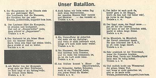 Ausschnitt aus einer Zeitung, in der Verse mit dicken, schwarzen Balken zensiert wurden.