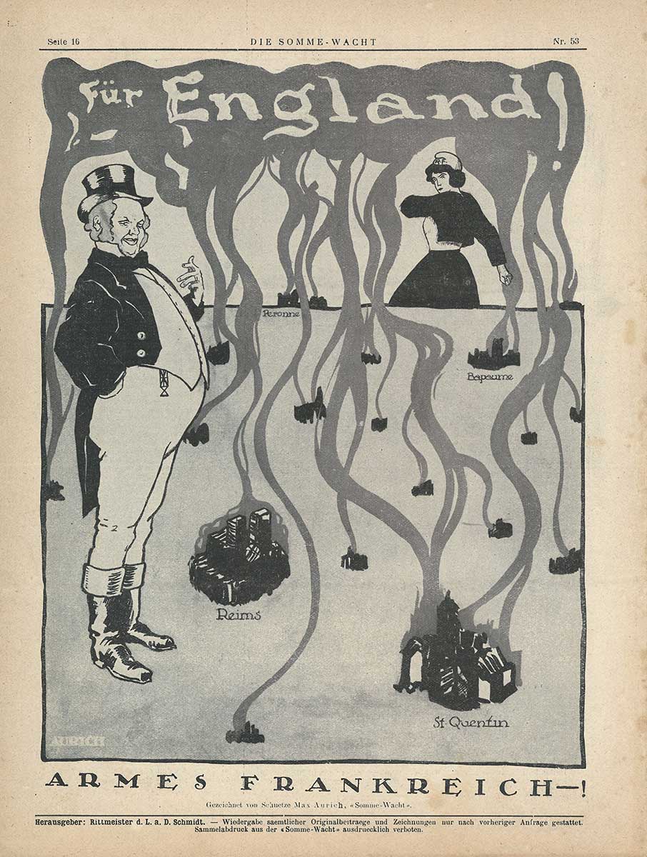 Karikatur, die die Personifizierung Englands als John Bull zwischen brennenden Ortschaften Frankreichs zeigt. Der Rauch bildet die Worte „Für England“. 