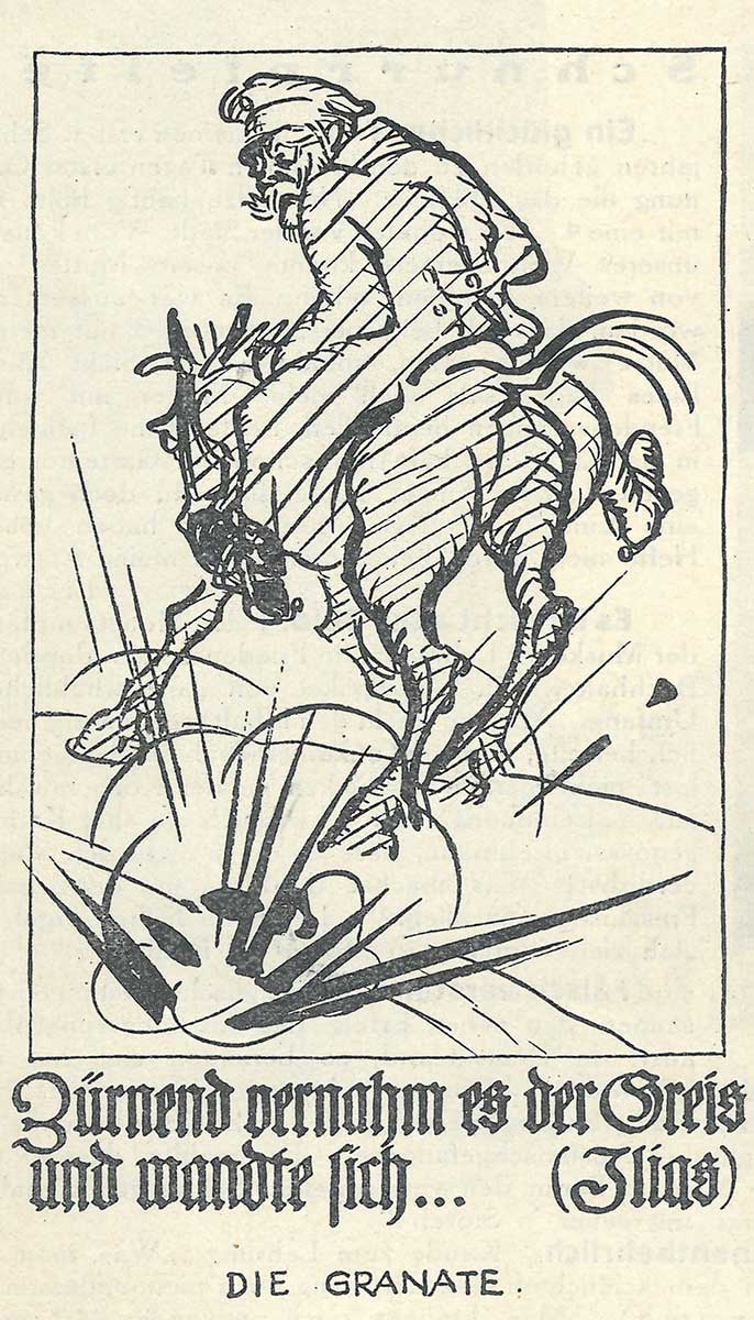 Illustration, die einen Soldaten auf einem Pferd zeigt. Neben ihm explodiert eine Granate. Er schaut erschrocken. 
