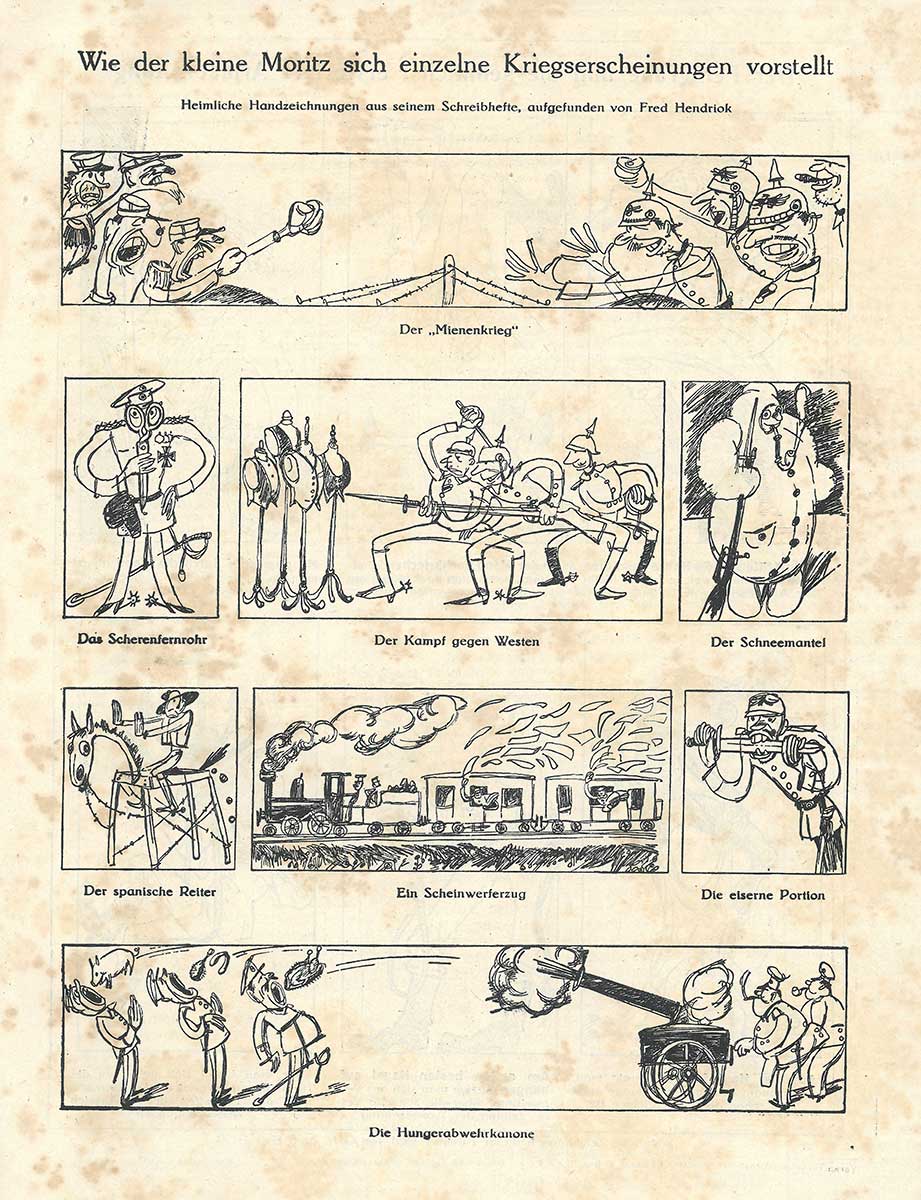 Zu sehen sind Zeichnungen, die darstellen sollen wie „der kleine Moritz“ sich Kriegserscheinungen vorstellt. Der spanische Reiter wird bspw. als Soldat auf einem hölzernen Pferd dargestellt.