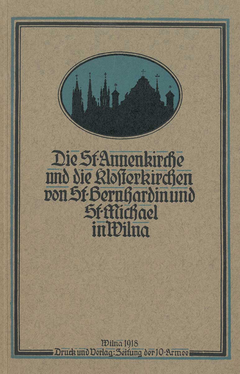 Schlichter einfarbiger Bucheinband. Über dem Werktitel wurde sich als grafisches Element für die Silhouette einer Kirche in einem ovalen Rahmen entschieden.