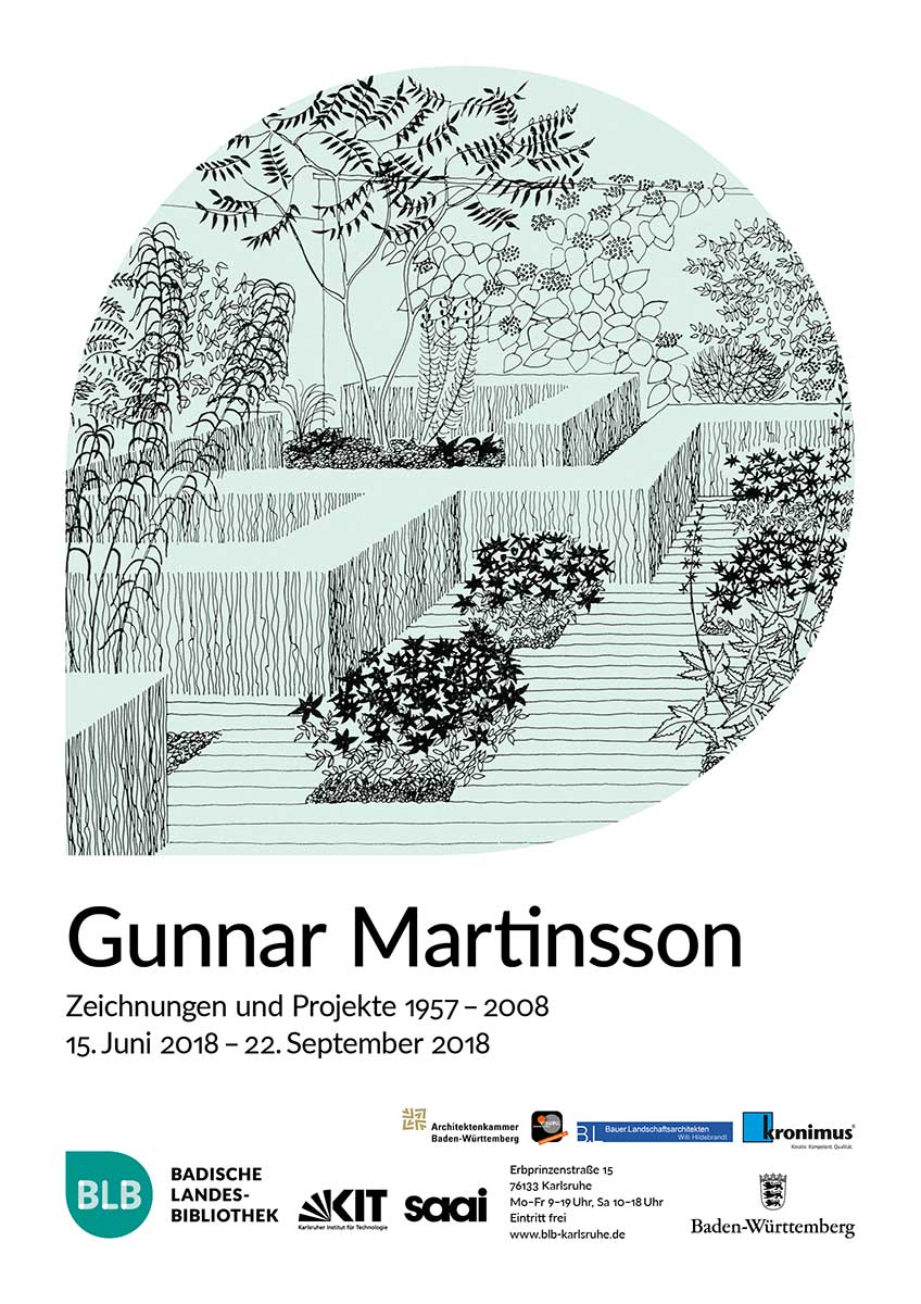 Plakat Gunnar Martinsson Zu sehen ist eine Gartenzeichnung von Gunnar Martinsson. Die Zeichnung stellt einen Ausschnitt eines Entwurfs dar. Ergänzend sind Textinformationen zu sehen.
