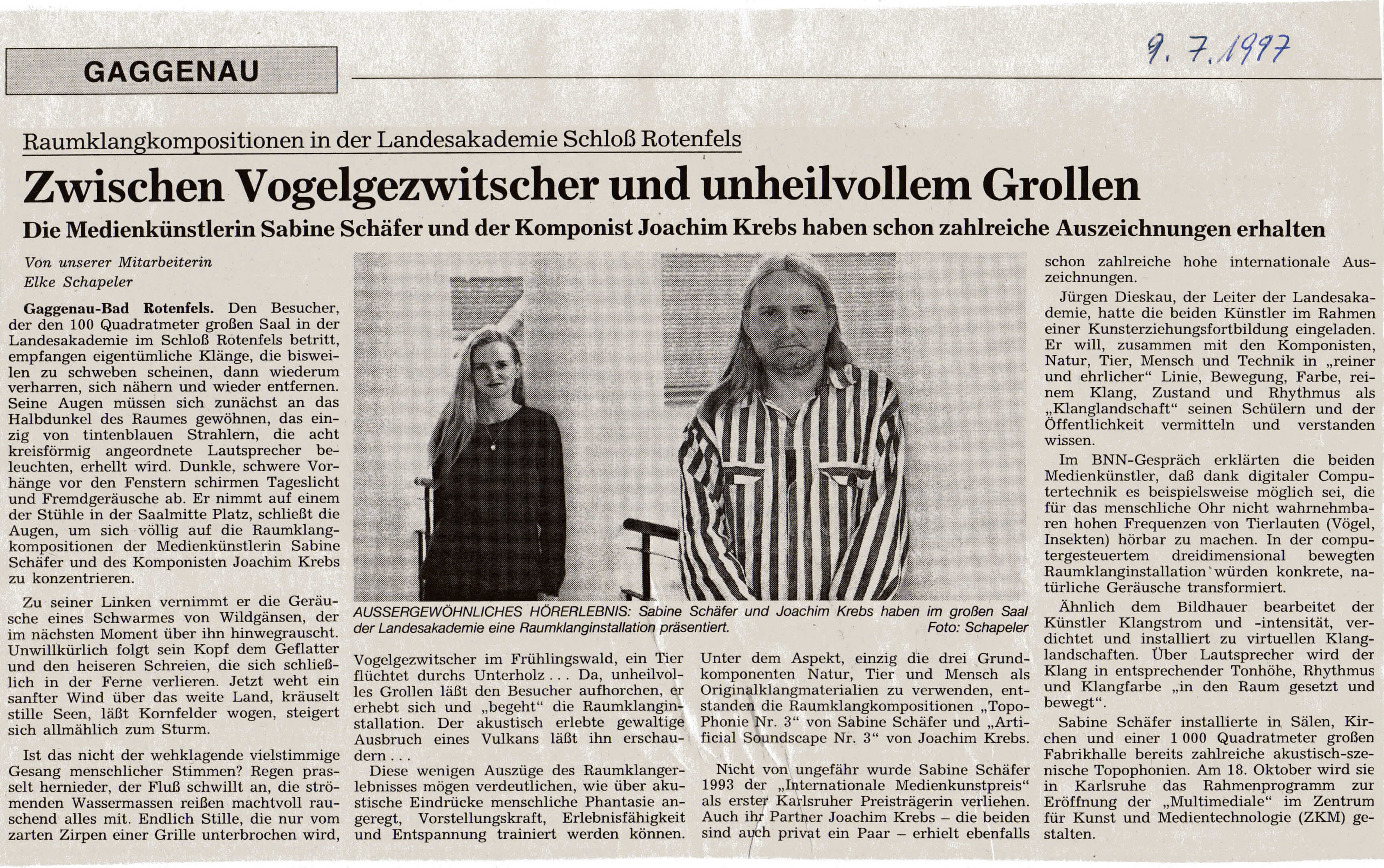 Rezension Badische Neueste Nachrichten (BNN), vom 8.7.1997 mit Porträts von Schäfer und Krebs