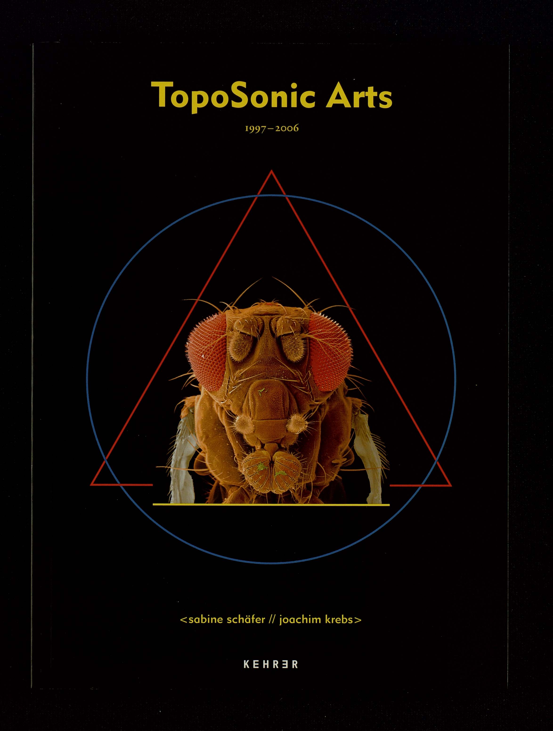 Künstlerkatalog TopoSonic Arts, Publikation mit Werkdokumentation und Textbeiträgen, Ein Fliegenkopf ist abgebildet in einem roten Dreieck und einem blauem Kreis.
