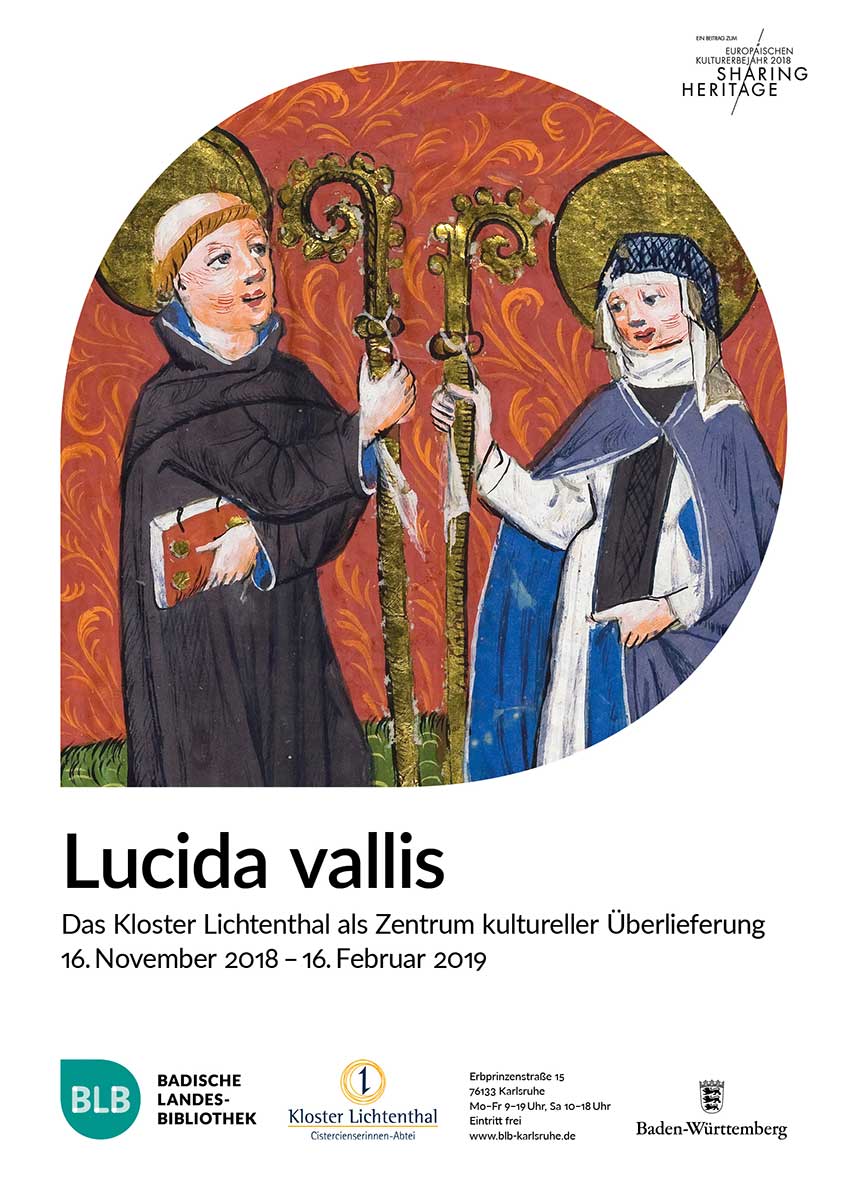 Plakat Lucida vallis © Badische Landesbibliothek Zu sehen ist ein Heiliger und eine Heilige. Sie stehen sich gegenüber und halten beide einen Bischofsstab in den Händen.