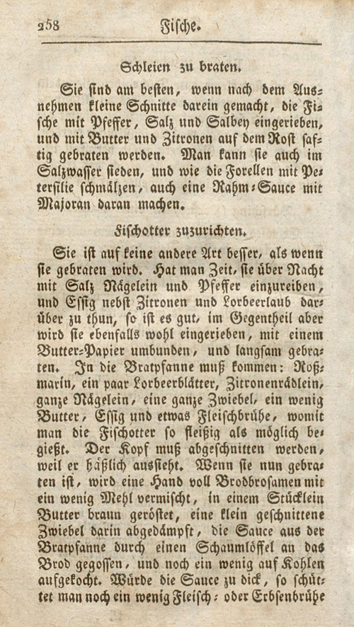 Abgebildet ist eine Buchseite, ein Rezept für „Fischotter“ ist aufgeschlagen.