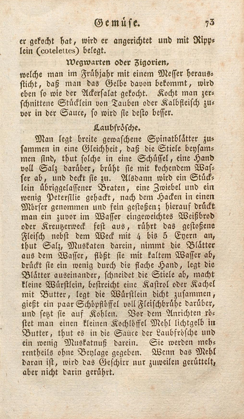 Abgebildet ist eine Buchseite, ein Rezept für „Laub-Frösche“ ist aufgeschlagen.