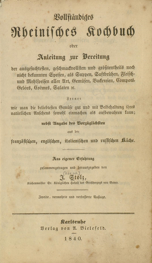 Abgebildet ist die Titelseite des „Vollständigen Rheinischen Kochbuches“.