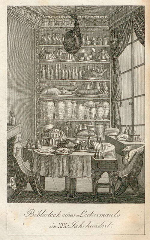 Abgebildet ist ein Stich aus einer Buchseite. Darauf zu erkennen ist ein großer, gedeckter Tisch, sowie ein Regal, dass voll mit Speisen und Trank ist. Darunter liest sich „Bibliothek eines Leckermauls im XIX. Jahrhundert.“