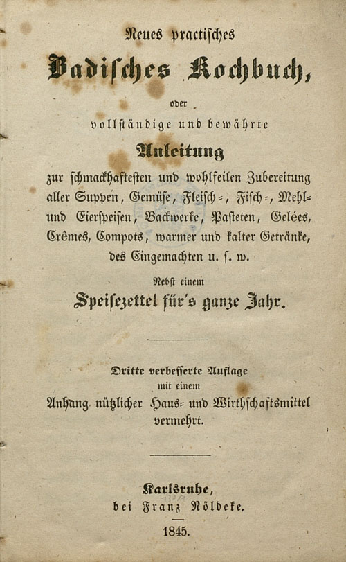 Abgebildet ist die Titelseite des „Neuen Praktischen Badischen Kochbuches“.