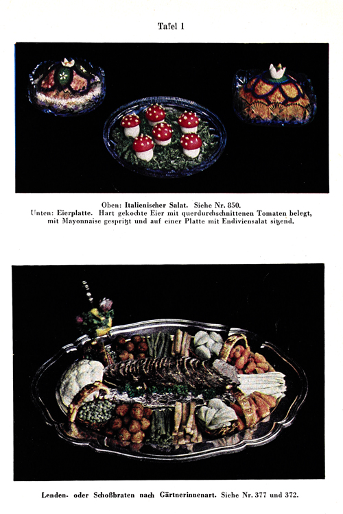 Abgebildet ist eine Farbtafel, die zwei Bilder von verschiedenen Gerichten aus einem Koch- und Haushaltungsbuchs von 1948 zeigt.