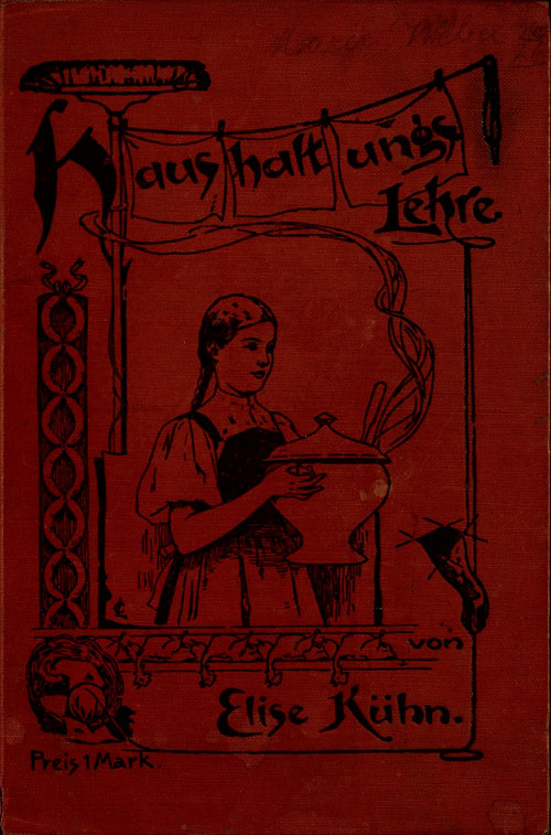 Zu sehen ist das Cover eines Buches für Haushaltungslehre. Auf rotem Hintergrund ist ein junges Mädchen beim Kochen abgebildet.