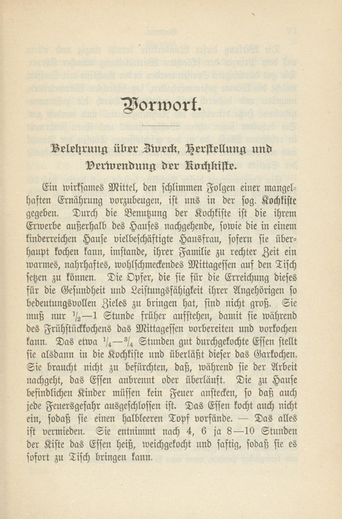 Vorwort aus dem „Kochbüchlein für die Benützung der Kochkiste“.