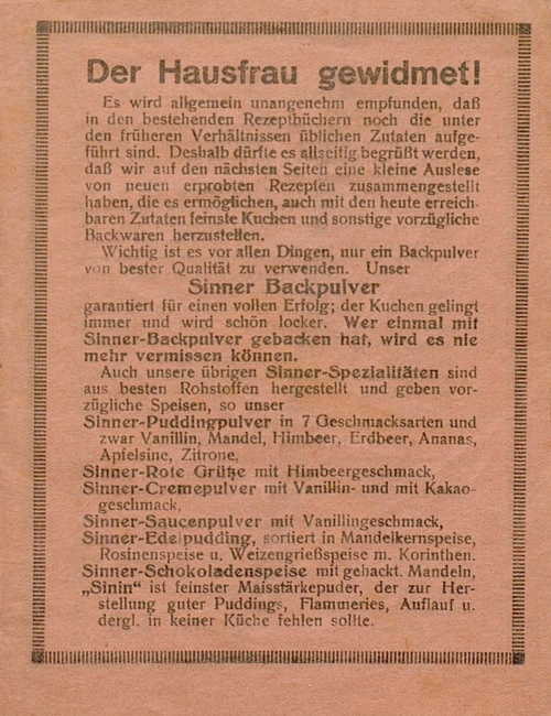 Werbekochbuch der Firma Sinner um 1920 mit Backrezepten unter Verwendung firmeneigener Nährmittel.