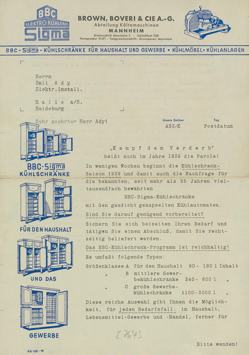 Abgebildet ist ein Werbeschreiben der Firma Brown, Boveri & Cie. aus dem Jahr 1939 mit der Parole „Kampf dem Verderb“ und kleinen Zeichnungen diverser Kühlschrankmodelle.