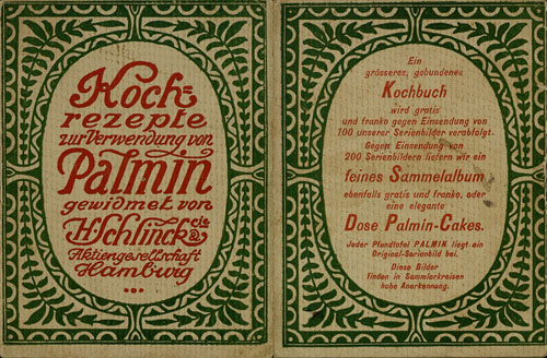 Abgebildet ist ein kunstvoll gestalteter Einband des Kochbuches zur Verwendung von Palmin.