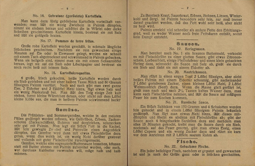 Zu sehen ist das aufgeschlagene Kochbuch zur Verwendung von Palmin. Aufgeschlagen sind zwei Seiten voller Rezepte.