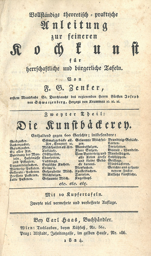 Zu sehen ist das Titelblatt des Kochbuches „Vollständige theoretisch-praktische Anleitung zur feineren Kochkunst für herrschaftliche und bürgerliche Tafeln.“