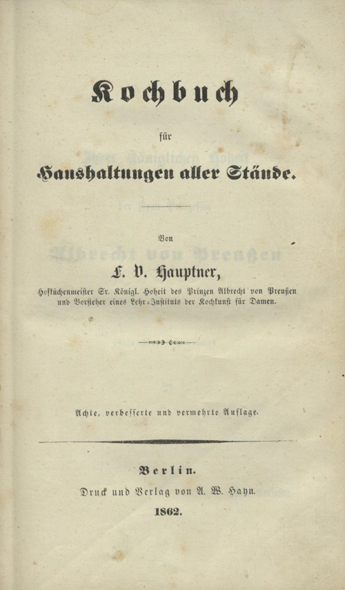Zu sehen ist das Titelblatt des Werkes „Kochbuch für Haushaltungen aller Stände.“