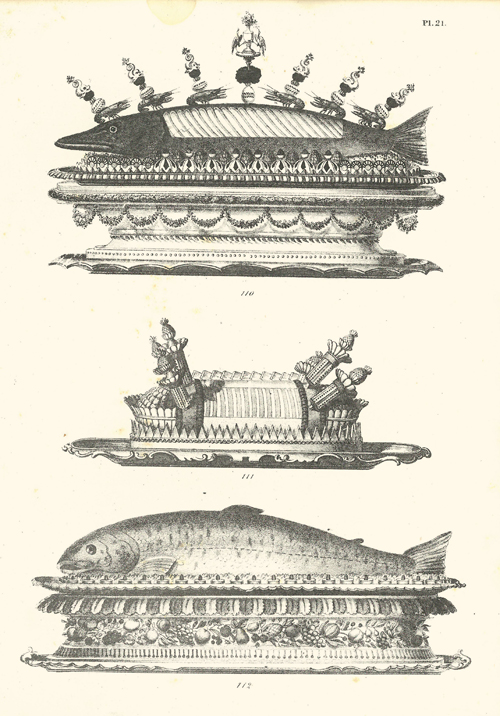 Titelseite des französischen Kochbuches der Haute Cuisine mit lithographierten Tafeln kunstvoller Tafelaufsätze.