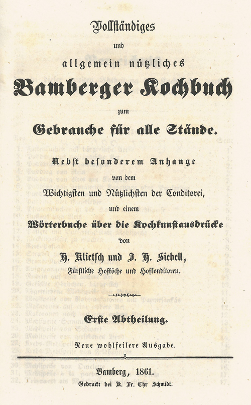 Titelblatt des Werkes „Vollständiges und allgemein nützliches Bamberger Kochbuch zum Gebrauche für alle Stände“.