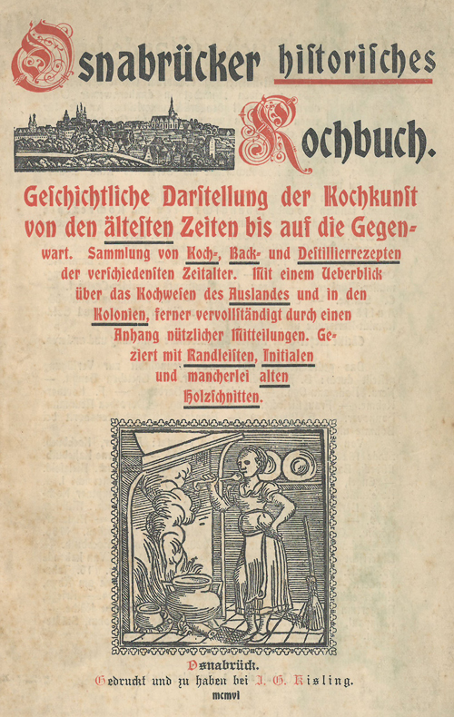 Titelseite des Osnabrücker historisches Kochbuches mit dekorativen Randleisten und historischen Holzschnitten.