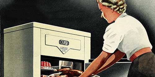 Illustration, die eine Frau dabei zeigt, wie sie etwas aus einem Kühlschrank nimmt. Ausschnitt aus einer Kühlschrank-Werbung.