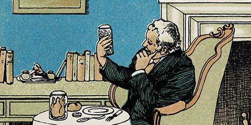 Illustration eines älteren Herren, der etwas Eingelegtes im Glas begutachtet. Ausschnitt aus einer Weck-Werbung.