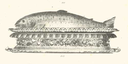 Illustration eines kunstvollen Tafelaufatzes. Auf dem Abgebildeten liegt der Fokus auf einem Fisch.