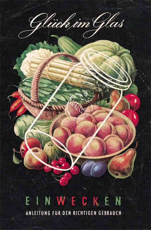 Dargestellt ist ein Obst- und Gemüsekorb. Davor ist grafisch der Umriss eines Weck-Glases abgebildet.
