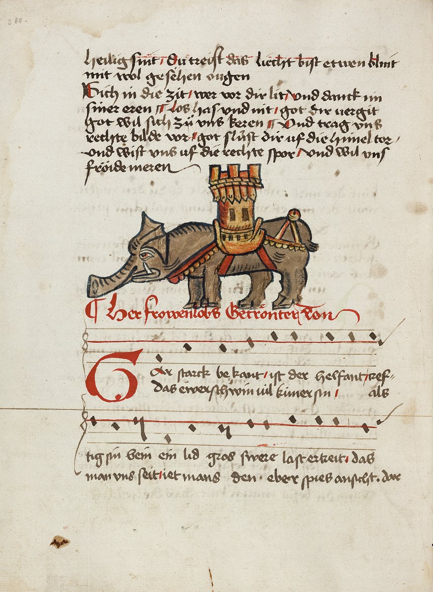 Mittelalterliche Handschrift mit einer wagen Illustration eines Elefanten in der Mitte.