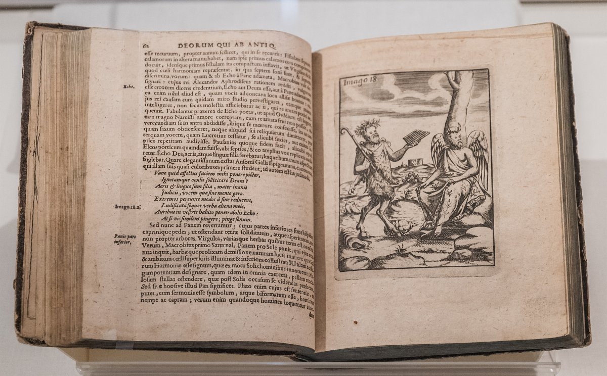 Zu sehen ist Cartaris Darstellung des Satyrn Pan. Er wird mit Ziegenbeinen dargestellt, in einer Hand hält er die berühmte Panflöte, in der anderen einen Krummstab. Er scheint ein Tierpelz zu tragen und auf seinem Haupt befindet sich ein Lorbeerkranz.