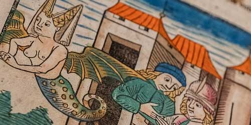 Die Illustration zeigt zeigt zwei Ritter auf einer Burgmauer und eine Melusine, welche gerade wegfliegt.