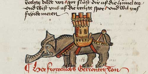 Mittelalterliche Handschrift mit einer wagen Illustration eines Elefanten in der Mitte.