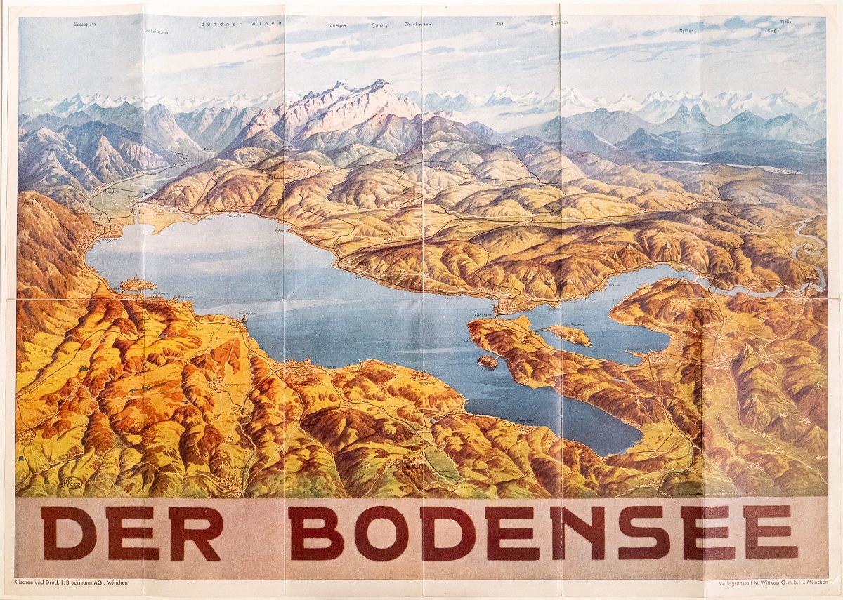 Gezeichnete Darstellung des Bodensees mit kartografischen Einzeichnungen.